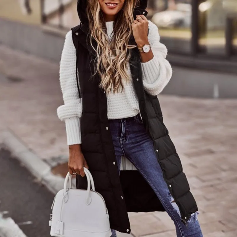 Autumn Winter Cotton-padded Clothes Solid Hooded Medium and Long Cotton Vest Temperament Fashion Cotton Clothes Jacket Top
Autumn Winter Cotton-padded Clothes Solid Hooded Medium and Long Cotton Vest Temperament Fashion Cotton Clothes Jacket Top