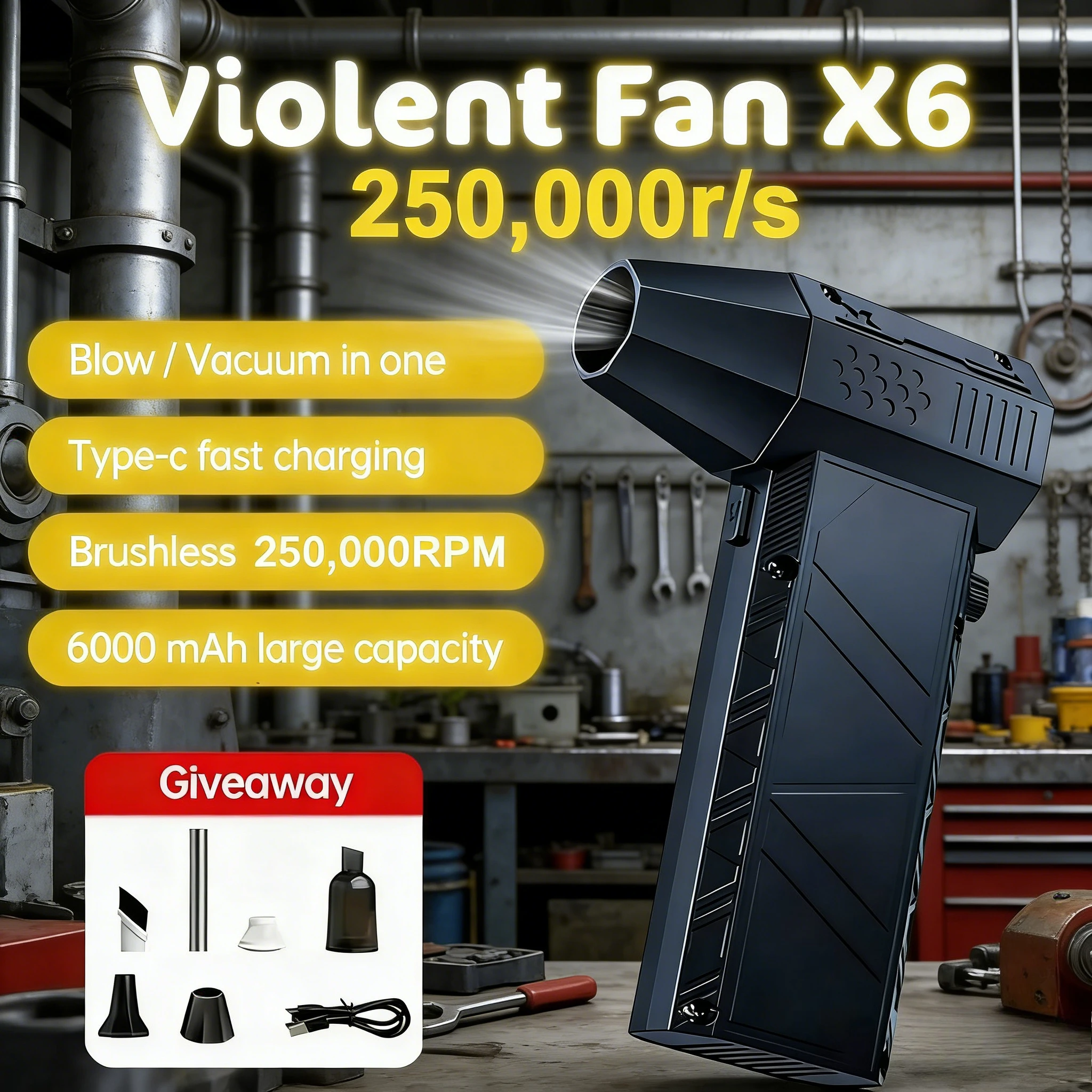 Violent Fan 400000RPM Powerful Air Blower Vacuum Dust Cleaner Type-C Charging Strong Winds 53m/s Brushless Turbo Jet Blower
Violent Fan 400000RPM Powerful Air Blower Vacuum Dust Cleaner Type-C Charging Strong Winds 53m/s Brushless Turbo Jet Blower 