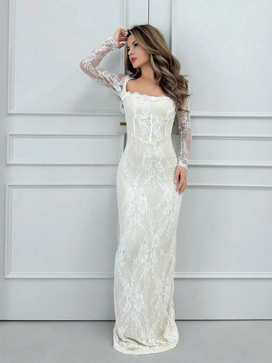 Elegant Ivory Lace Long Sleeve Floor-Length Dress with Corset Bodice
Elegant Ivory Lace Long Sleeve Floor-Length Dress with Corset Bodice