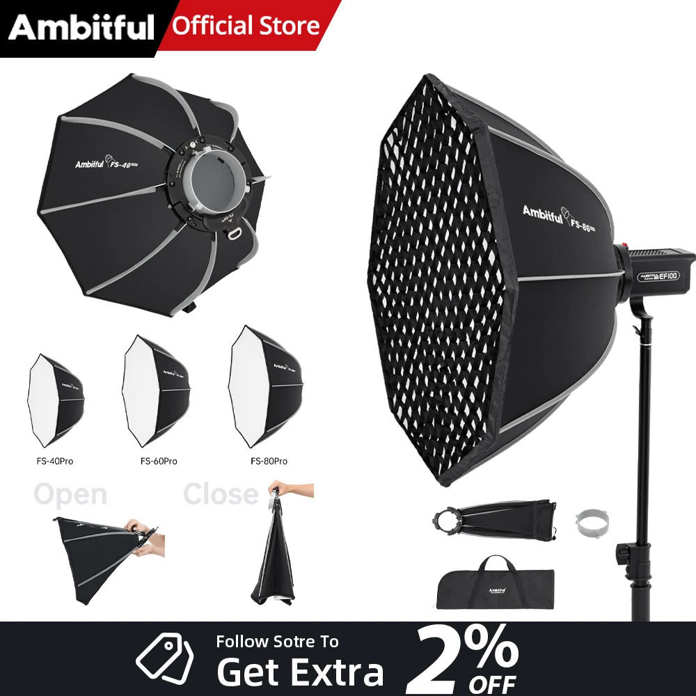 AMBITFUL FS PRO Series 40/60/80 см быстросъемный восьмиугольный софтбокс Bowens крепление для студийного светодиодного видеолампа Godox Aputure Sokani
AMBITFUL FS PRO Series 40/60/80 см быстросъемный восьмиугольный софтбокс Bowens крепление для студийного светодиодного видеолампа Godox Aputure Sokani
