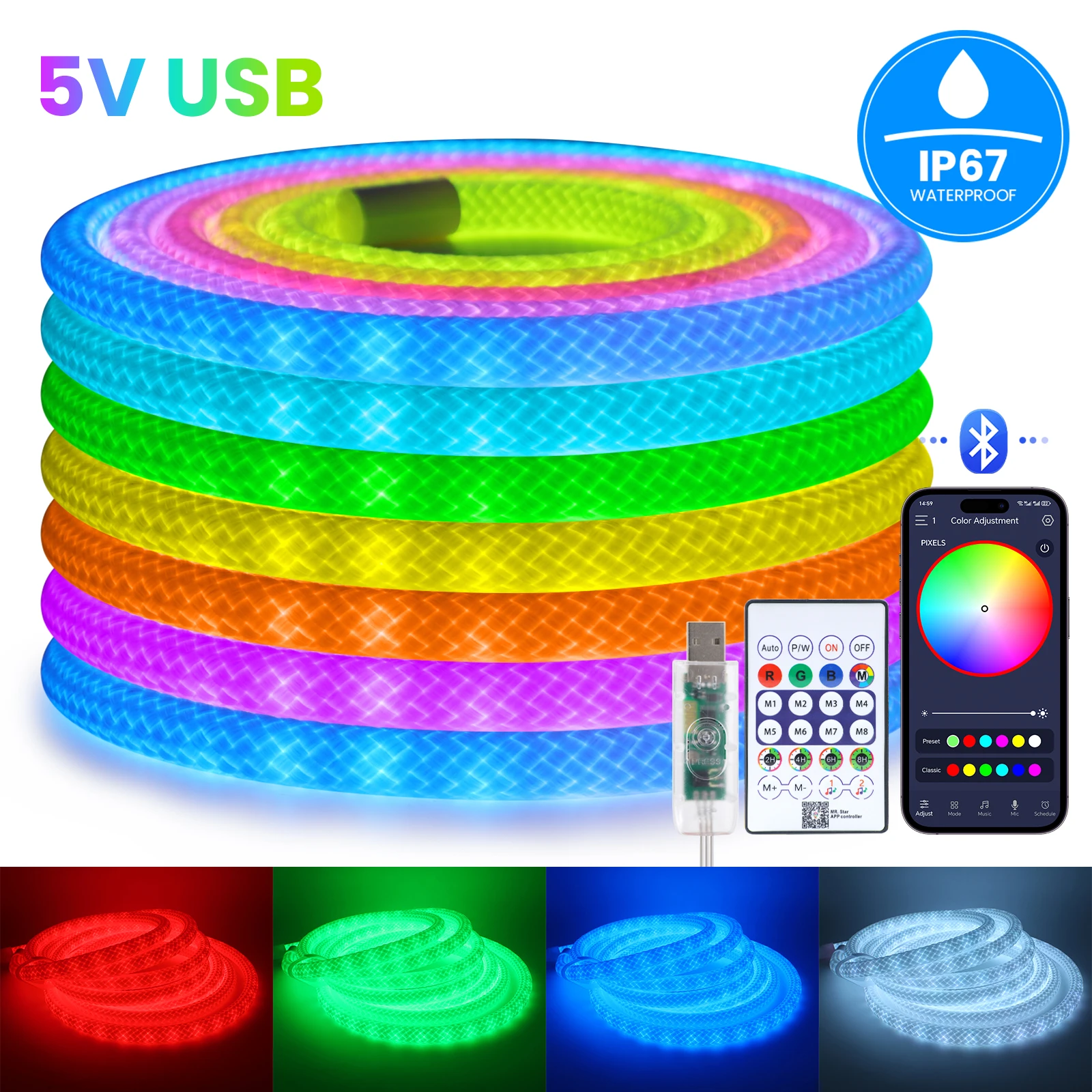 5V WS2812B RGB Neon Strip Light 360° Round Reticulate Pattern Flexible Ribbon Rope Light Bluetooth Waterproof Tape With Remote
5V WS2812B RGB Neon Strip Light 360° Round Reticulate Pattern Flexible Ribbon Rope Light Bluetooth Waterproof Tape With Remote