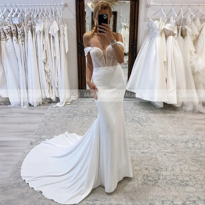 Romantic Beads Sequined Mermaid Wedding Dress Off the Shoulder V-neck Stretch Crepe Bridal Gown Chapel Train vestidos para mujer
Romantic Beads Sequined Mermaid Wedding Dress Off the Shoulder V-neck Stretch Crepe Bridal Gown Chapel Train vestidos para mujer