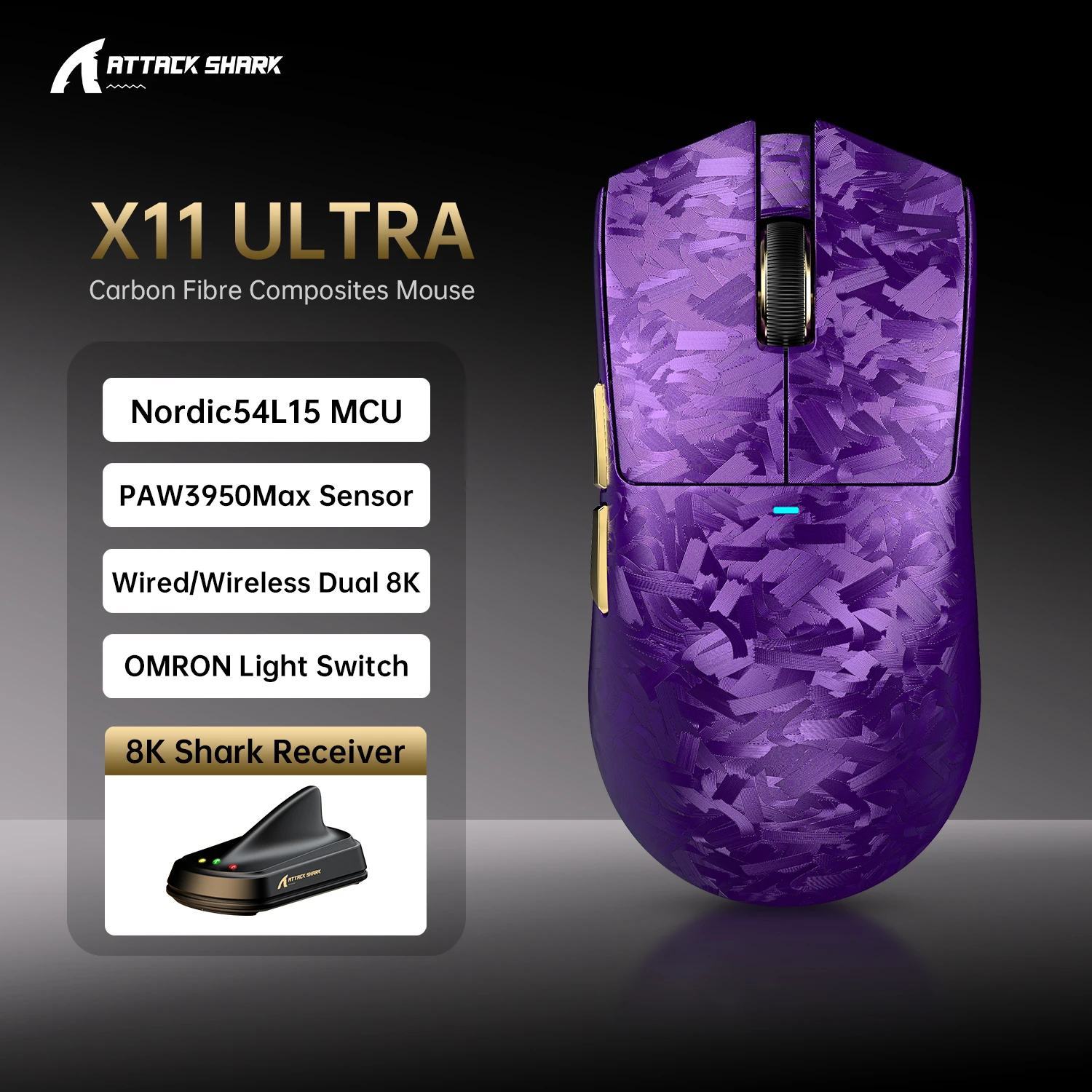 ATTACK SHARK X11 ULTRAWireless 8K Gaming Mouse, PAW3950MAX Nano-Metal Ice Coating,59g SUPERLIGHT,Carbon Fiber,Wired/2.4G/BT
ATTACK SHARK X11 ULTRAWireless 8K Gaming Mouse, PAW3950MAX Nano-Metal Ice Coating,59g SUPERLIGHT,Carbon Fiber,Wired/2.4G/BT