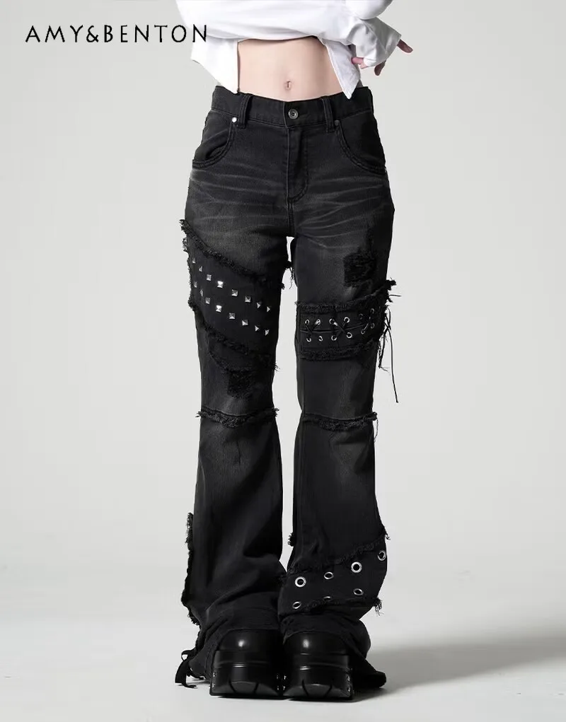 Japanese Subculture Burr Rivet Strap Slim Flared Pants Women Gothic Street Hot Girl Y2K Jeans Punk Style High Waist Jeans Woman
Japanese Subculture Burr Rivet Strap Slim Flared Pants Women Gothic Street Hot Girl Y2K Jeans Punk Style High Waist Jeans Woman