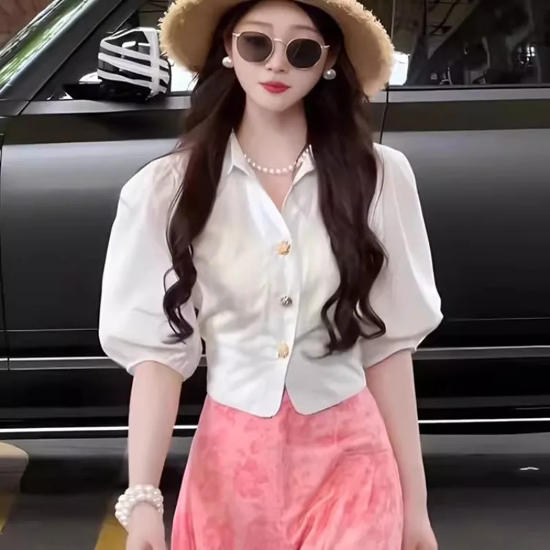 Slim Fit High Waist Elegant Blouse Turn-down Collar V-neck Luxury Puff Sleeve Single Breasted White Shirts Summer Office Lady
Slim Fit High Waist Elegant Blouse Turn-down Collar V-neck Luxury Puff Sleeve Single Breasted White Shirts Summer Office Lady