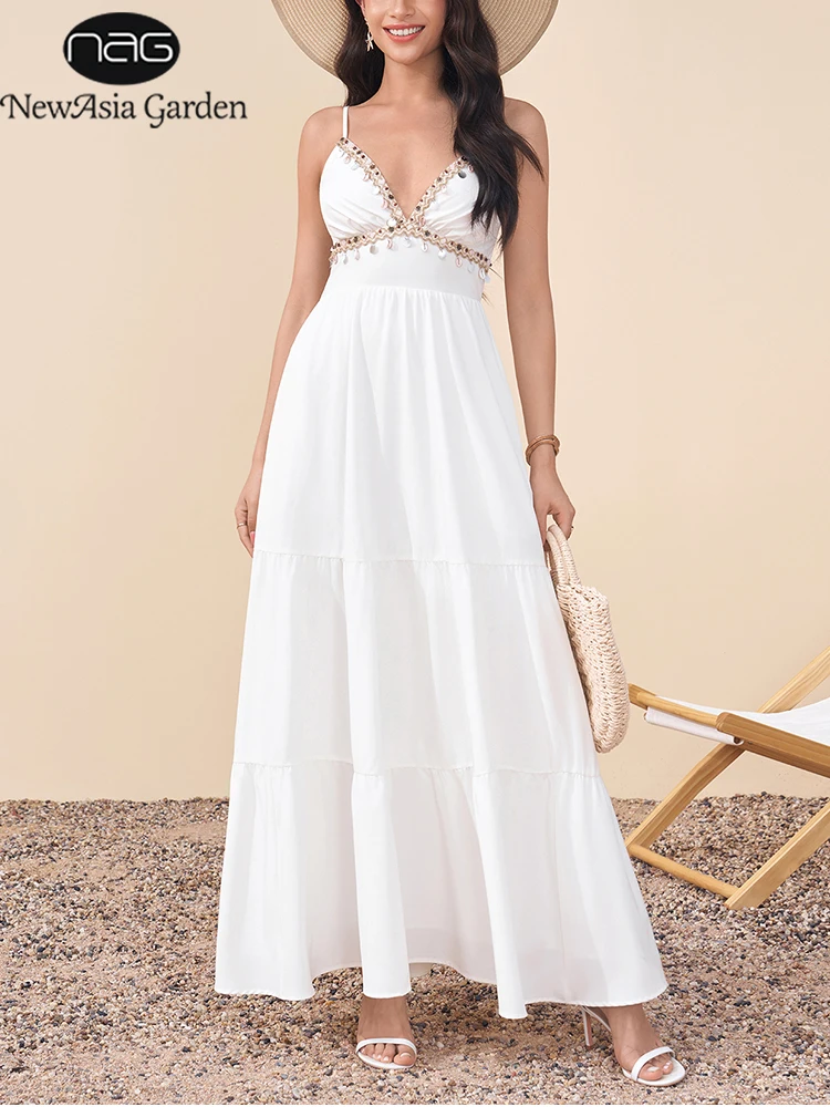 NewAsia Bohemian White Tiered Maxi Dress Women Deep V Neck Shell Beaded Cami Dress Backless Smocked Summer Vacation Long Dress
NewAsia Bohemian White Tiered Maxi Dress Women Deep V Neck Shell Beaded Cami Dress Backless Smocked Summer Vacation Long Dress