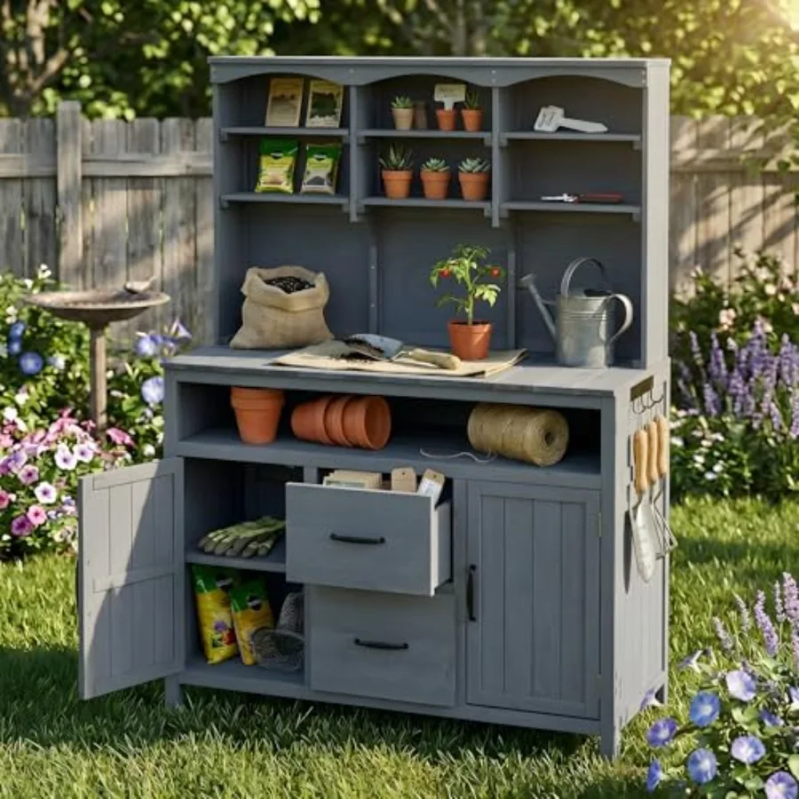 Outdoor storage bench table for patio use made of wood gray color featuring large garden storage drawers cabinets hooks counter
Outdoor storage bench table for patio use made of wood gray color featuring large garden storage drawers cabinets hooks counter