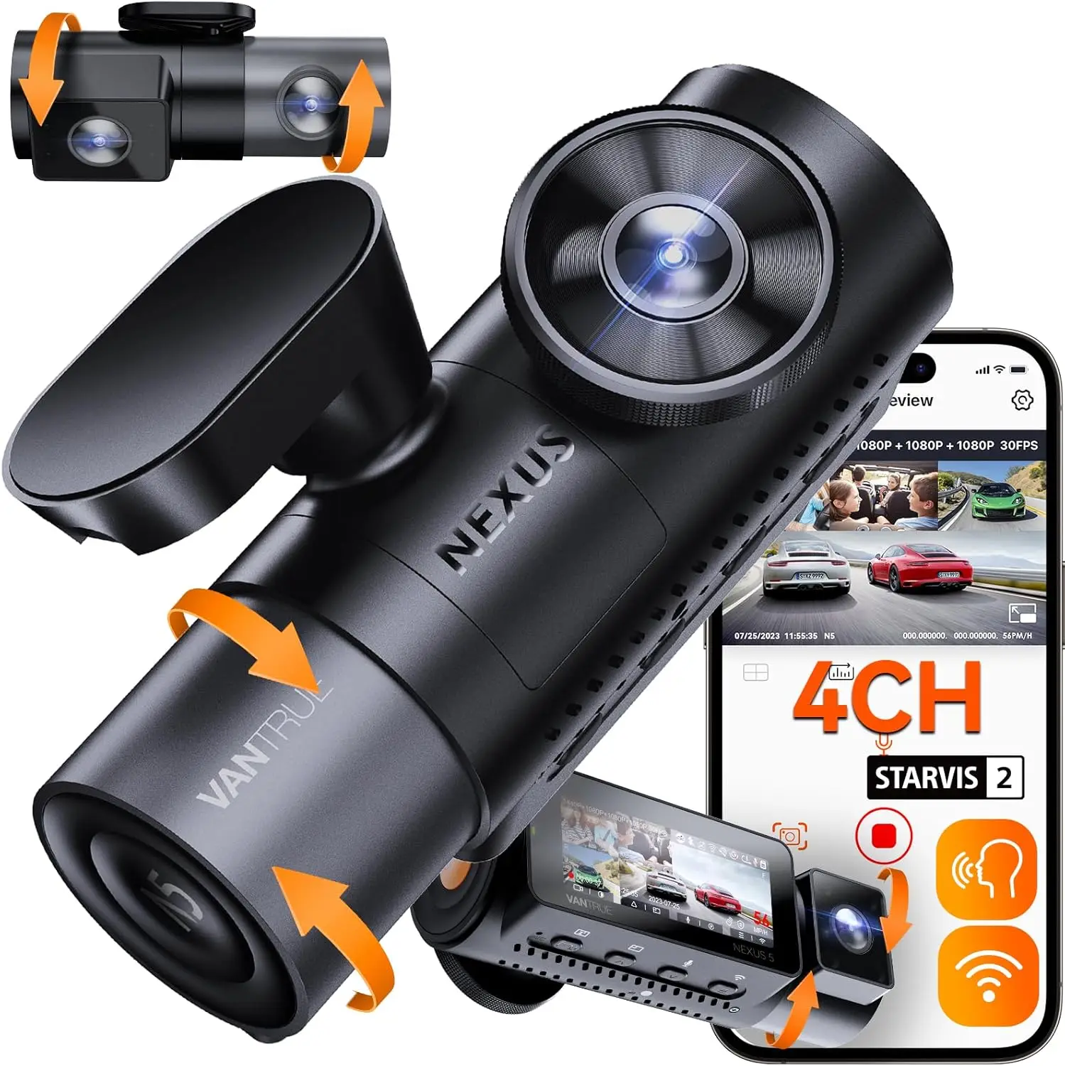 N5 4 Channel WiFi 360° All Sides Dash Cam, STARVIS 2, IR Night Vision, 2.7K+1080P*3 Front Rear Inside Dashcam, Voice Control, GP
N5 4 Channel WiFi 360° All Sides Dash Cam, STARVIS 2, IR Night Vision, 2.7K+1080P*3 Front Rear Inside Dashcam, Voice Control, GP