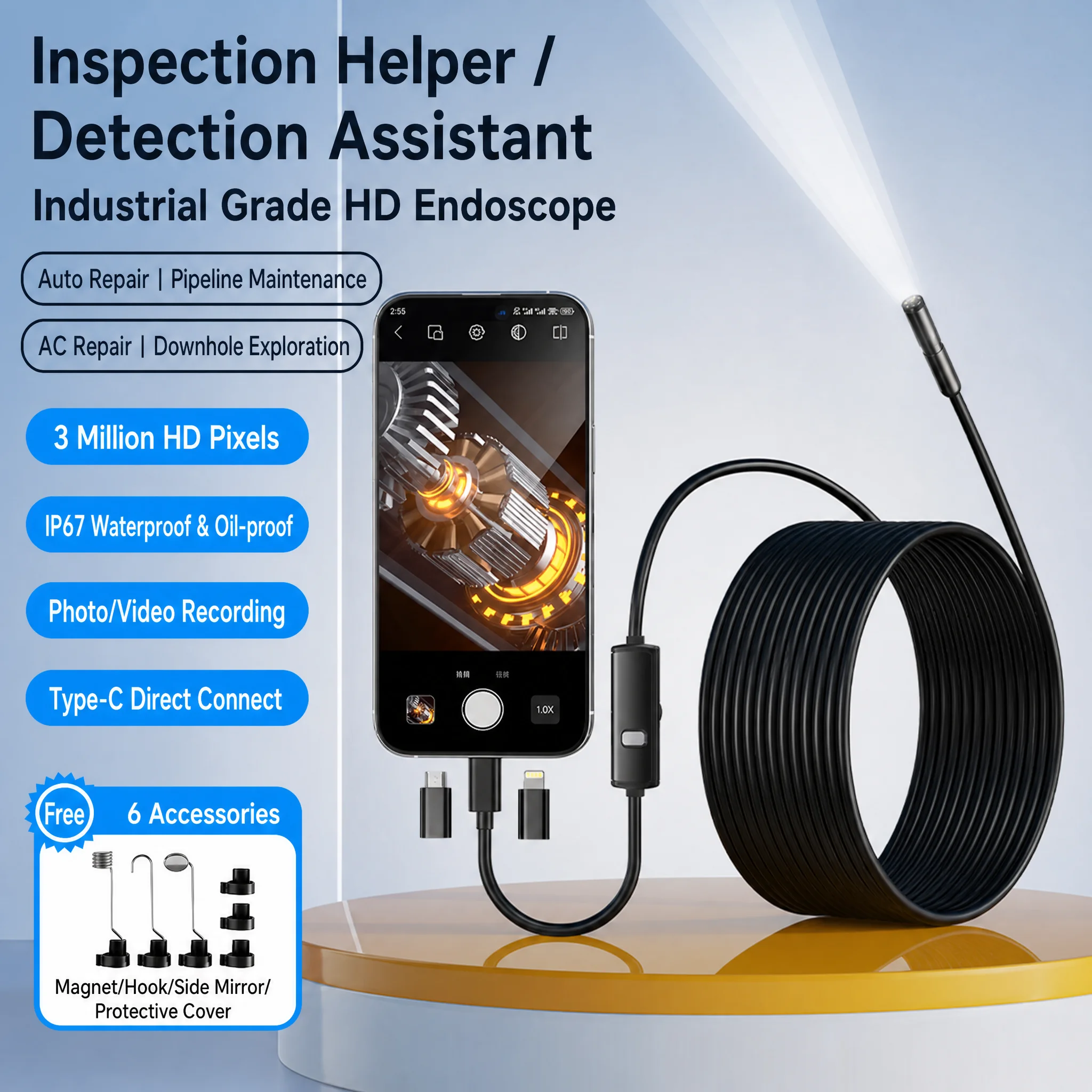 HD 1080P Endoscope Inspection Camera for iPhone Android Type-C IP67 Waterproof Borescope for Car Engine Sewer Pipe Drain Checker
HD 1080P Endoscope Inspection Camera for iPhone Android Type-C IP67 Waterproof Borescope for Car Engine Sewer Pipe Drain Checker