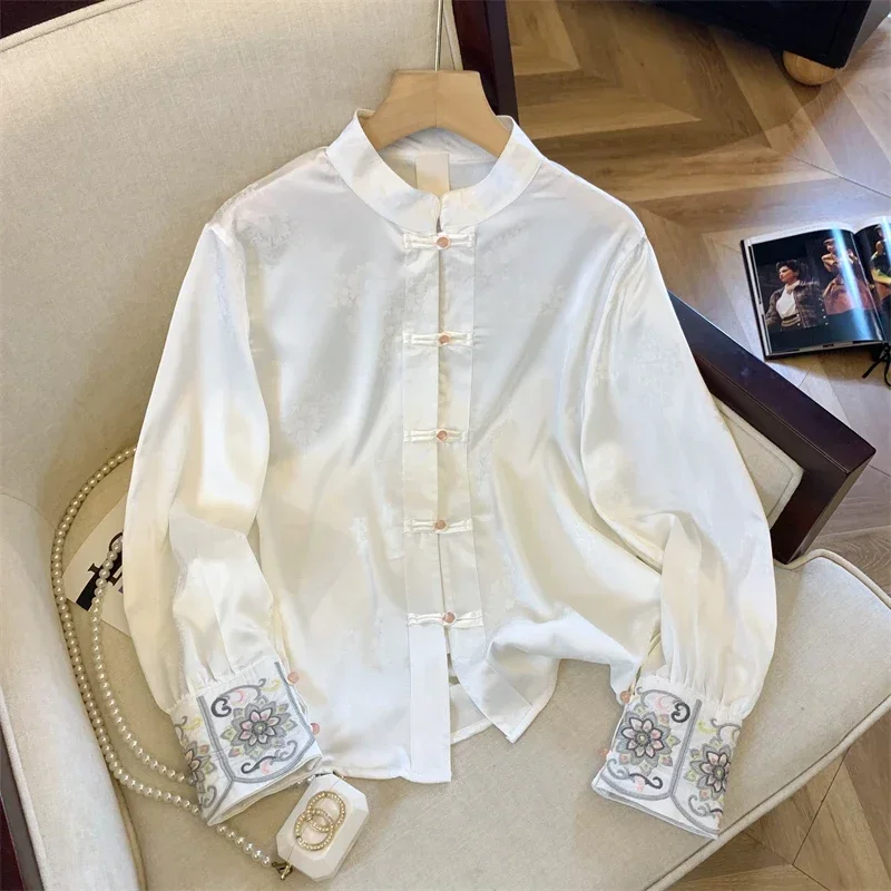 Satin Shirts for Women, Chinese Style Embroidery Blouses, Loose Fashion, Long Sleeves, Vintage Tops, Spring and Summer
Satin Shirts for Women, Chinese Style Embroidery Blouses, Loose Fashion, Long Sleeves, Vintage Tops, Spring and Summer