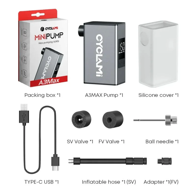 CYCLAMI A3 Max Portable Electric Bike Pump Rechargeable Digital PSI Pressure Tire Inflator Road MTB Bike Accessories
CYCLAMI A3 Max Portable Electric Bike Pump Rechargeable Digital PSI Pressure Tire Inflator Road MTB Bike Accessories