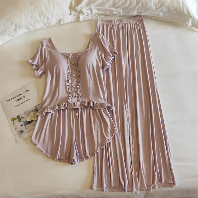 Pijama Feminino Chest Pad Short Sleeve Top Pant Three Pieces Set Modal Sexy Women's Sleepwear Pajamas Room Wear Home Clothes
Pijama Feminino Chest Pad Short Sleeve Top Pant Three Pieces Set Modal Sexy Women's Sleepwear Pajamas Room Wear Home Clothes