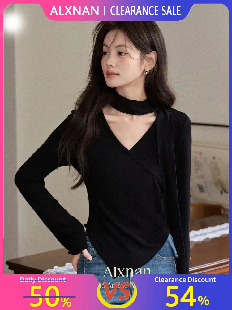ALXNAN Women's T-shirt Black Cotton Long Sleeve Tees Elegant Irregular V-neck Casual Office Lady Slim-fit Tops L569105 L56989
ALXNAN Women's T-shirt Black Cotton Long Sleeve Tees Elegant Irregular V-neck Casual Office Lady Slim-fit Tops L569105 L56989