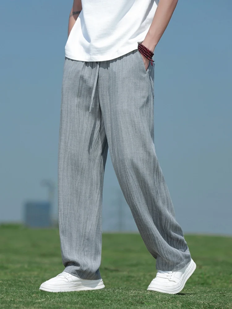 Мужские летние тонкие брюки из льняной ткани с широкими штанинами, свободные, модные, повседневные, прямого кроя
Мужские летние тонкие брюки из льняной ткани с широкими штанинами, свободные, модные, повседневные, прямого кроя