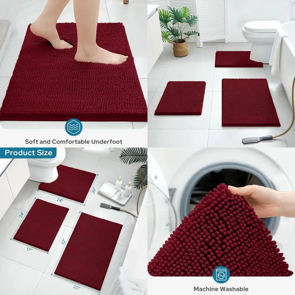 3-Piece Burgundy Red Non-Slip Plush Chenille Bath Mat Set - Extra Absorbent & Soft, Washable
3-Piece Burgundy Red Non-Slip Plush Chenille Bath Mat Set - Extra Absorbent & Soft, Washable