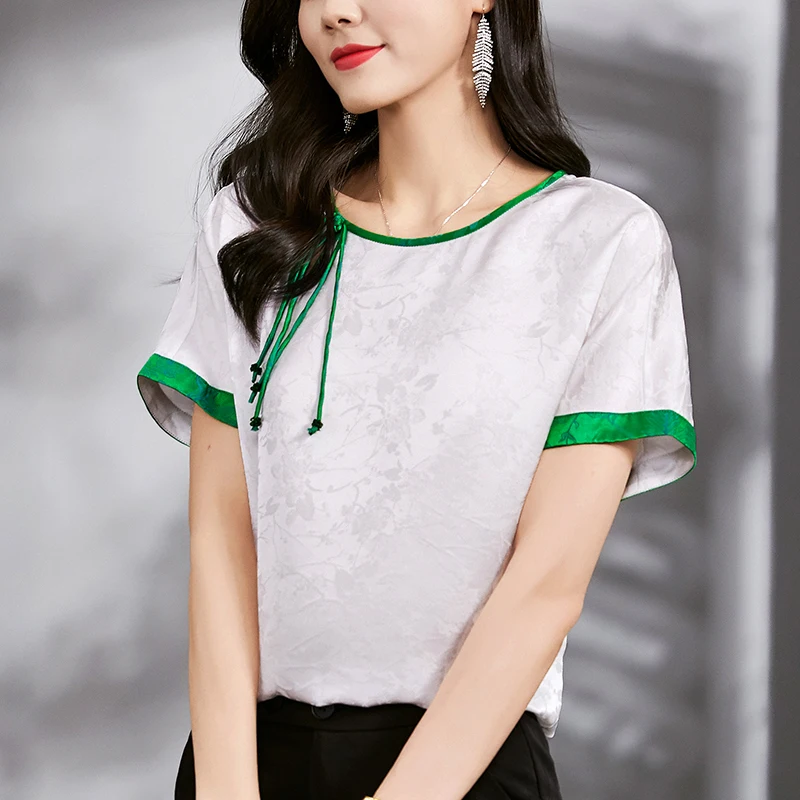 Chinese Style Women's Vintage Shirt Elegant Fashion O-neck Short Sleeve Woman Shirts Blouses Loose Tops 100% Real Silk Blouse
Chinese Style Women's Vintage Shirt Elegant Fashion O-neck Short Sleeve Woman Shirts Blouses Loose Tops 100% Real Silk Blouse