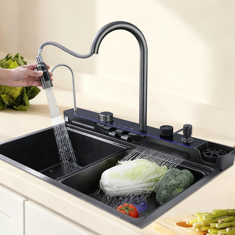 Multifunctional Stainless Steel Nano Honeycomb Kitchen Temperature Display Piano Key Waterfall Kitchen Sink Set
Multifunctional Stainless Steel Nano Honeycomb Kitchen Temperature Display Piano Key Waterfall Kitchen Sink Set