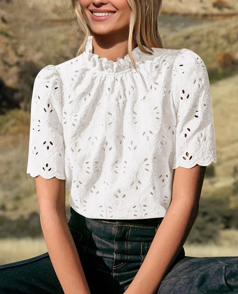 2025 Summer New Women's Hollow Lace Embroidery Top Summer Sexy Solid Color V Neck Short Sleeve T Shirt Fashion Tops
2025 Summer New Women's Hollow Lace Embroidery Top Summer Sexy Solid Color V Neck Short Sleeve T Shirt Fashion Tops