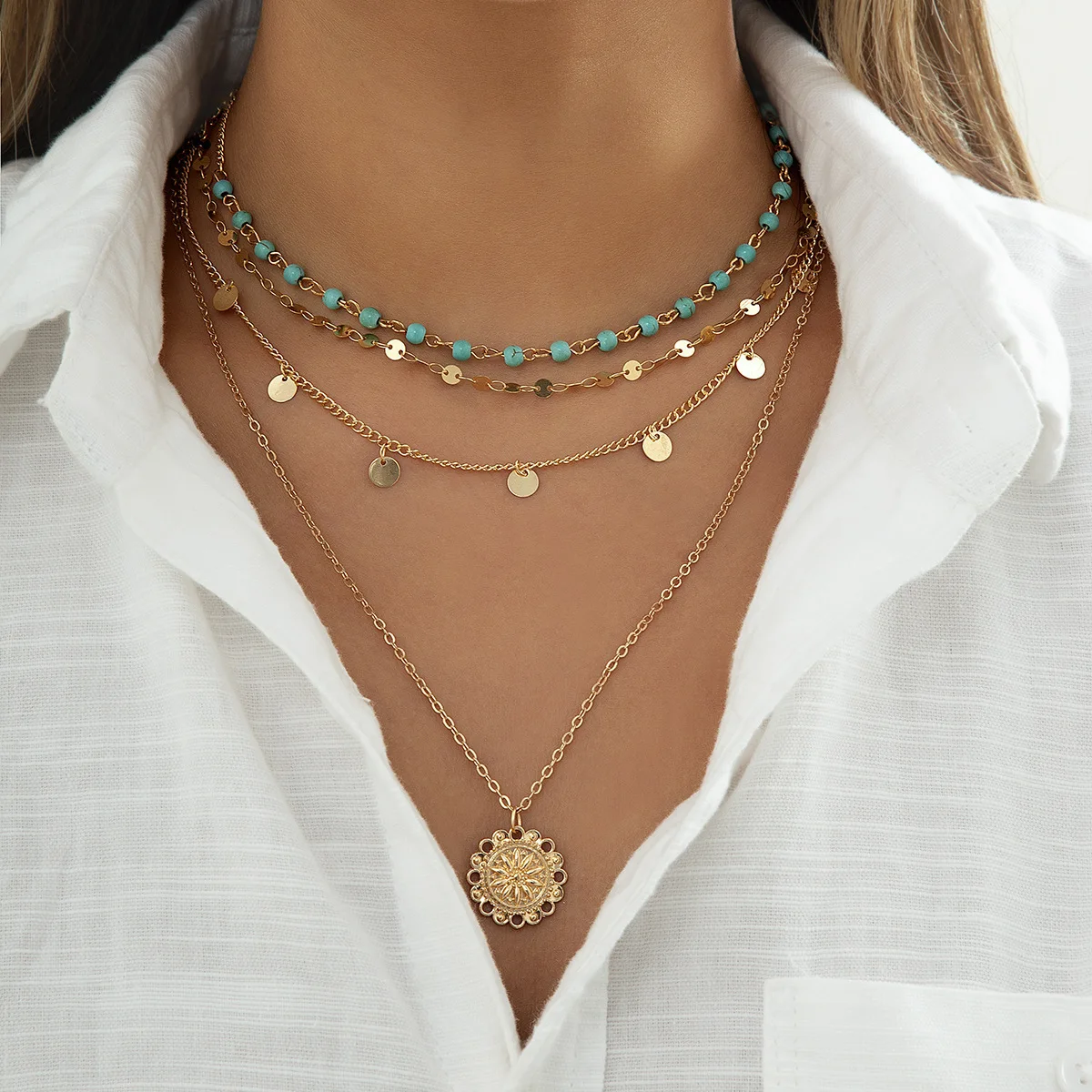 Sun turquoise fashion necklace retro exaggerated multi-layer neck chain beach seaside wear jewelry women
Sun turquoise fashion necklace retro exaggerated multi-layer neck chain beach seaside wear jewelry women