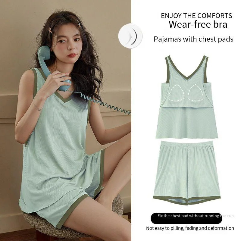 Summer Cool With Chest Cushion Sleepwear Female Sexy Ice Silk Thread Vest Shorts Casual Student Sleeveless Home Clothes
Summer Cool With Chest Cushion Sleepwear Female Sexy Ice Silk Thread Vest Shorts Casual Student Sleeveless Home Clothes