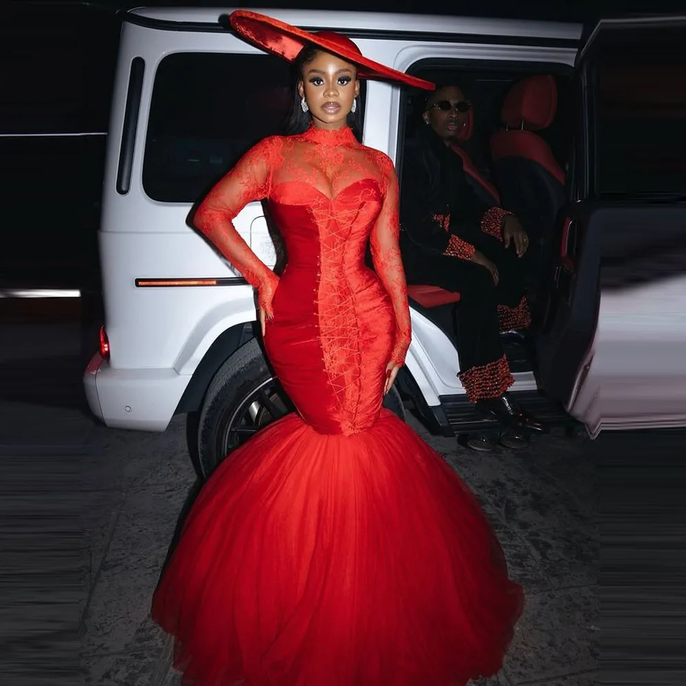 Red Sexy Evening Dresses For African Women High Neck Long Sleeves Mermaid Prom Dress Lace Velvet And Tulle Wedding Party Gowns
Red Sexy Evening Dresses For African Women High Neck Long Sleeves Mermaid Prom Dress Lace Velvet And Tulle Wedding Party Gowns