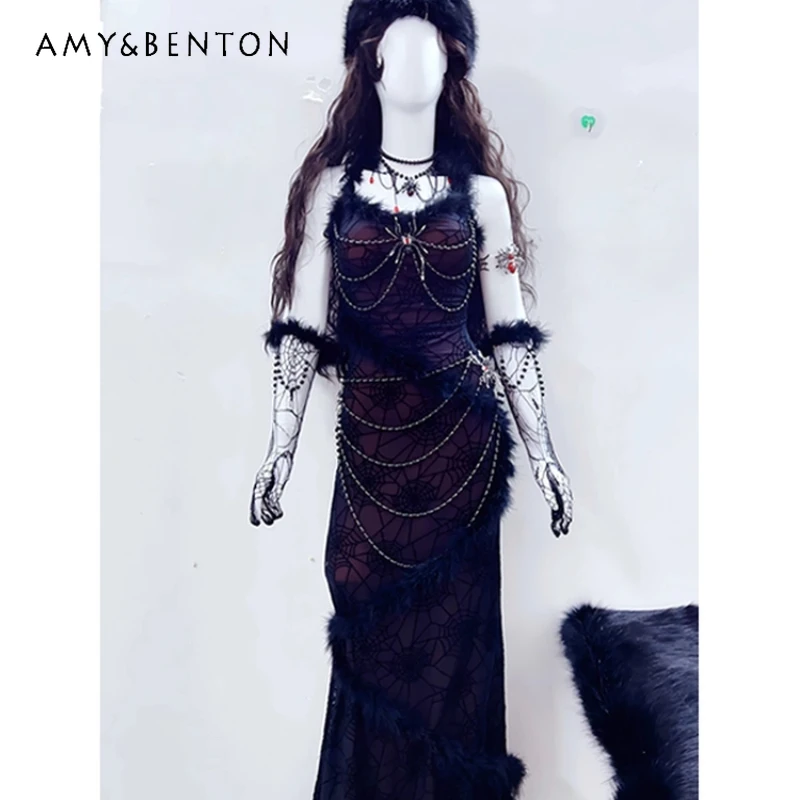 Original Design Punk Black Red Lace Splicing Women's Long Dress 2025 New Detachable Sleeves Halloween Gothic Dresses Set Ladies 
Original Design Punk Black Red Lace Splicing Women's Long Dress 2025 New Detachable Sleeves Halloween Gothic Dresses Set Ladies