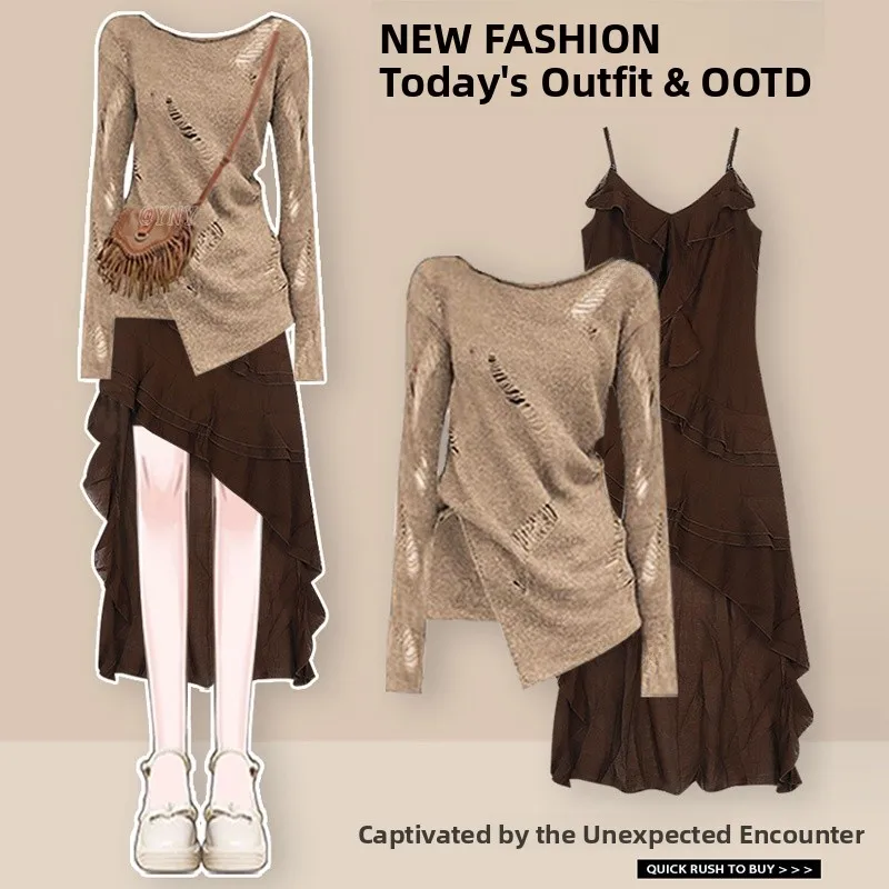 Autumn Fashion Women's Long Sleeve Hollow out Dress Set with Strap Vest Top Elegant Style Student Work Uniform School Uniform
Autumn Fashion Women's Long Sleeve Hollow out Dress Set with Strap Vest Top Elegant Style Student Work Uniform School Uniform