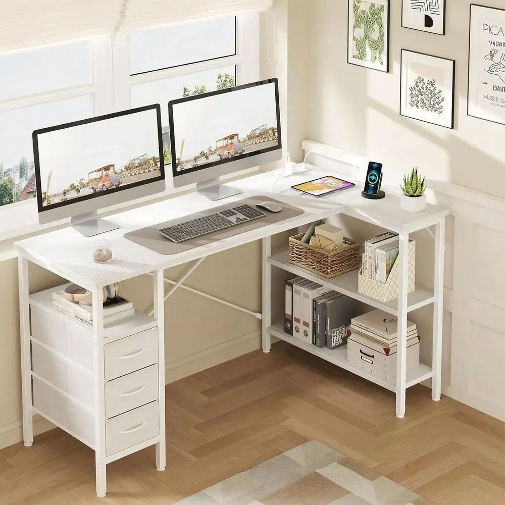 L Shaped Desk With Shelf Drawers, White Corner Computer Desks Gaming With Power Outlet, Study Table With Adjustable Shelves, Ho
L Shaped Desk With Shelf Drawers, White Corner Computer Desks Gaming With Power Outlet, Study Table With Adjustable Shelves, Ho