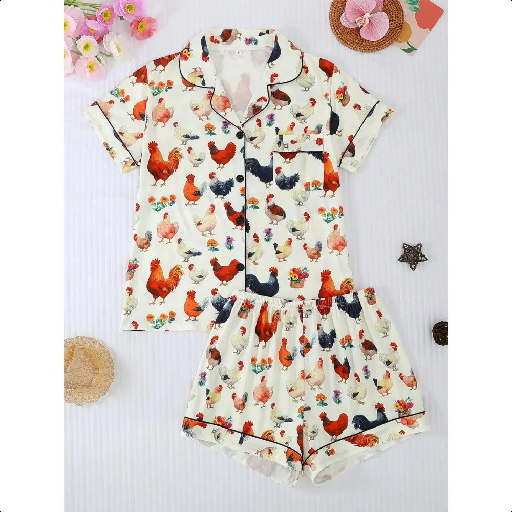 Cartoon Chicken Print 2Pcs Pajama Set, Lapel Button Short Sleeve Top & Loose Elastic Shorts, Women All Season Homewear
Cartoon Chicken Print 2Pcs Pajama Set, Lapel Button Short Sleeve Top & Loose Elastic Shorts, Women All Season Homewear