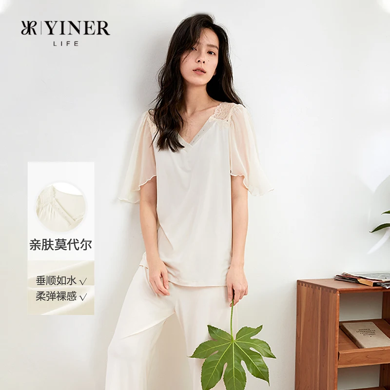 Women's summer modal pajamas set with V-neck and small rhinestones, suitable for home wear and can be worn outside
Women's summer modal pajamas set with V-neck and small rhinestones, suitable for home wear and can be worn outside