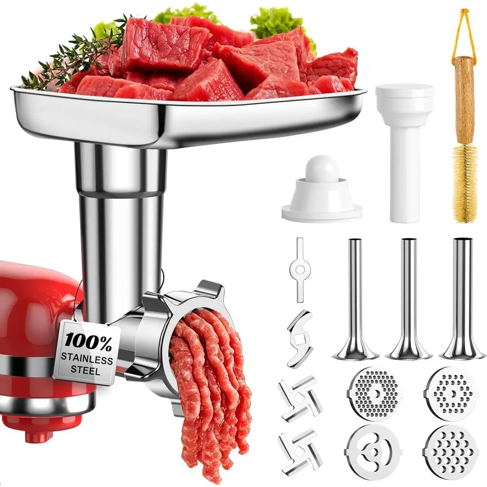 18-Piece Stainless Steel Meat Grinder Set - 3 Sausages, 4 Plates, Dishwasher Safe
18-Piece Stainless Steel Meat Grinder Set - 3 Sausages, 4 Plates, Dishwasher Safe
