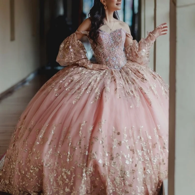 Pink Quinceanera Dress off-shoulder Gold Sequins Crystal Decal Long tail Lace Layering vestidos de 15 Quinceanera Customize
Pink Quinceanera Dress off-shoulder Gold Sequins Crystal Decal Long tail Lace Layering vestidos de 15 Quinceanera Customize
