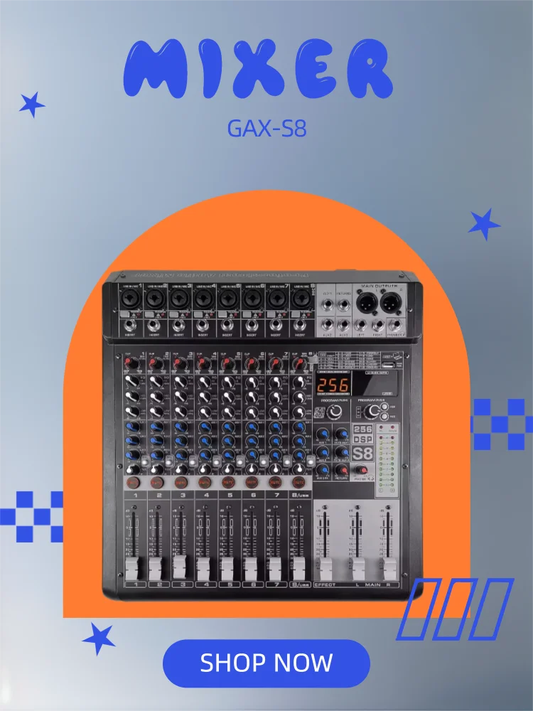 GAX-S8 Pro 8-Channel DJ Controller with 256 DSP Reverb Effect BT 5.0 USB Mixer for Karaoke Professional Stage Performance
GAX-S8 Pro 8-Channel DJ Controller with 256 DSP Reverb Effect BT 5.0 USB Mixer for Karaoke Professional Stage Performance