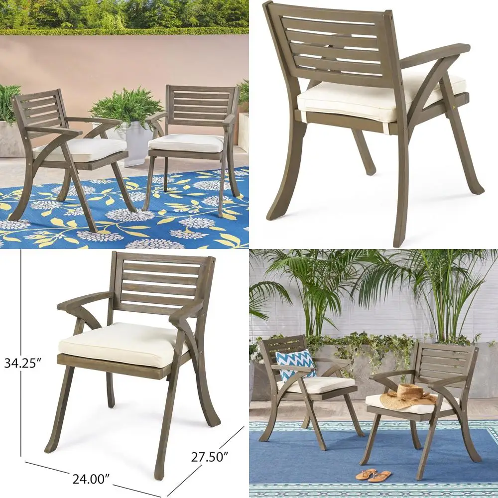 Комплект из 2 уличных обеденных стульев, садовые стулья из акации с водостойкими кремовыми подушками, серая деревянная спинка с ламелями, деревенский стиль для сада
Комплект из 2 уличных обеденных стульев, садовые стулья из акации с водостойкими кремовыми подушками, серая деревянная спинка с ламелями, деревенский стиль для сада