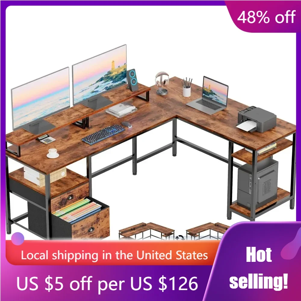 66 "L-shaped Computer Desk with Shelves, Foldable Corner Game Table with File Drawers and Dual Monitor Stand, Rustic Brown Color
66 "L-shaped Computer Desk with Shelves, Foldable Corner Game Table with File Drawers and Dual Monitor Stand, Rustic Brown Color