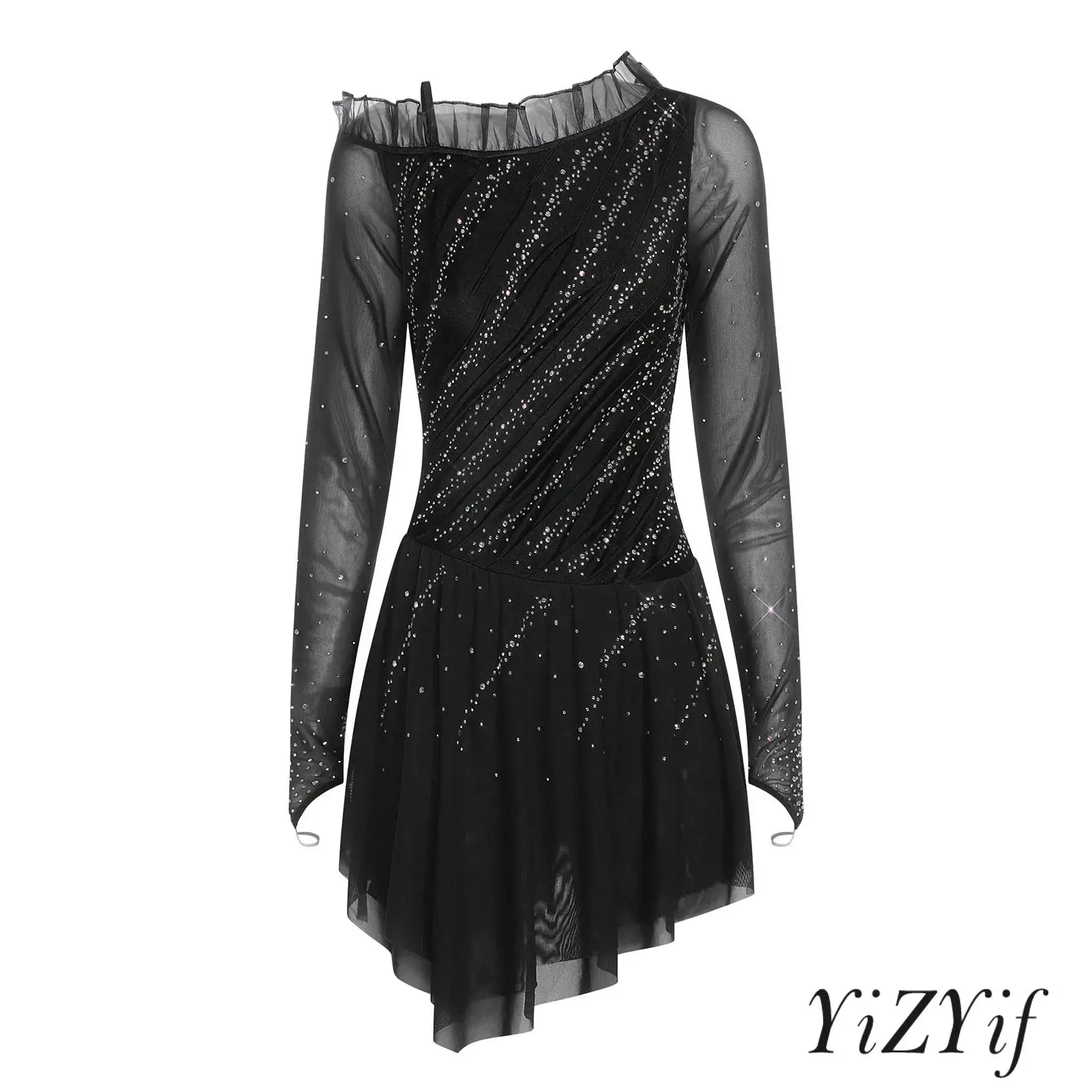 Women Ballet Dance Dress Costume Sheer Mesh Finger Holes Asymmetrical Shoulder Ruffles Ruched Dress Elegant Gymnastics Dancewear
Women Ballet Dance Dress Costume Sheer Mesh Finger Holes Asymmetrical Shoulder Ruffles Ruched Dress Elegant Gymnastics Dancewear