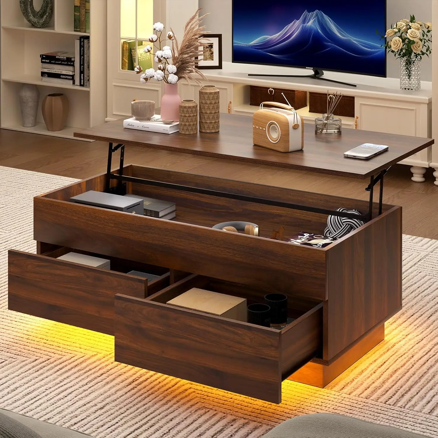 Lift Top LED Coffee Table High Gloss Storage Hidden Compartment & 2 Drawers Living Room Walnut, Customized
Lift Top LED Coffee Table High Gloss Storage Hidden Compartment & 2 Drawers Living Room Walnut, Customized