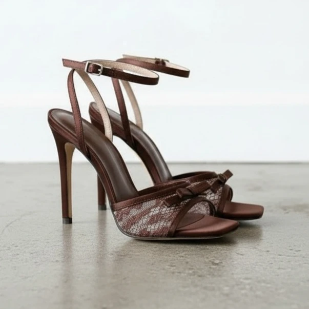 Women's Brown Stiletto Heeled Sandals with Lace Bow Open Square Toe Ankle Strap Buckle Dress Sandals for Party or Evening Wear
Women's Brown Stiletto Heeled Sandals with Lace Bow Open Square Toe Ankle Strap Buckle Dress Sandals for Party or Evening Wear