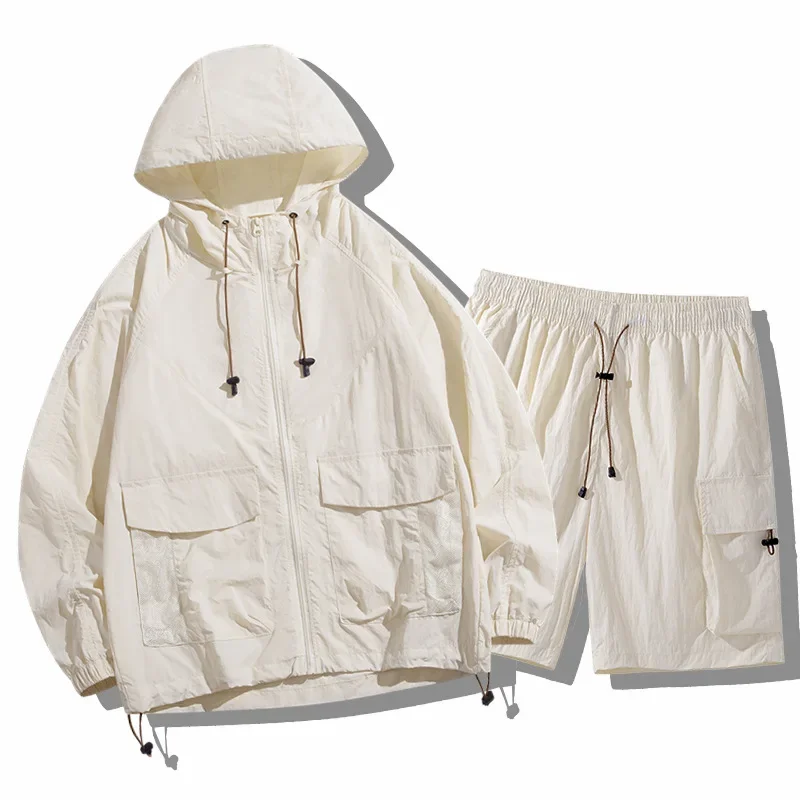 Ice Silk Sun Protection Clothing Sets Summer New Fashion Men's Solid Color Casual Hooded Long Sleeve Top Knee Length Shorts Male
Ice Silk Sun Protection Clothing Sets Summer New Fashion Men's Solid Color Casual Hooded Long Sleeve Top Knee Length Shorts Male