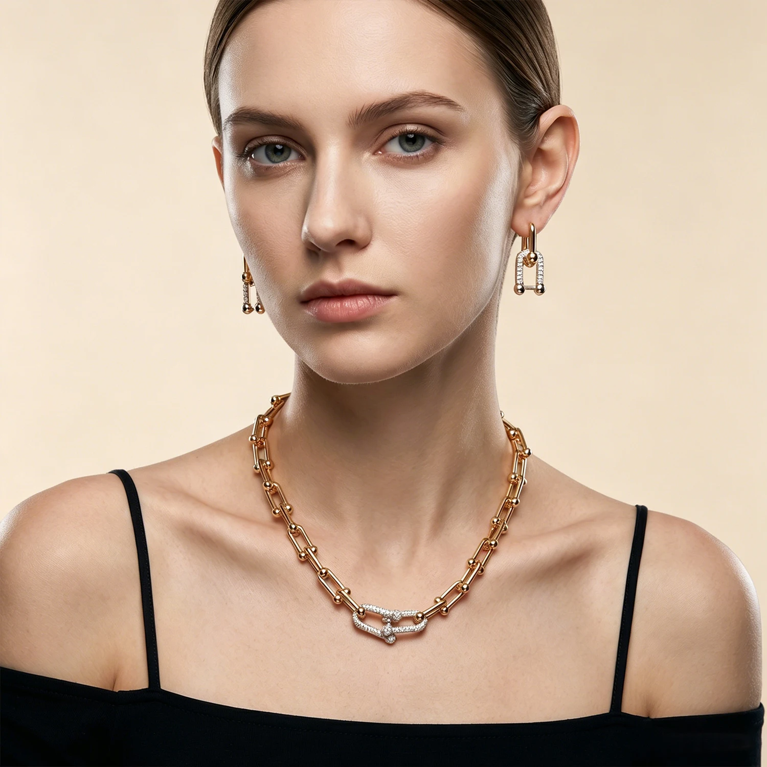 Elegant 2-in-1 U-Link CZ Jewelry Set - Two-Tone Gold Plated Necklace and Stud Earrings for Women High-Quality
Elegant 2-in-1 U-Link CZ Jewelry Set - Two-Tone Gold Plated Necklace and Stud Earrings for Women High-Quality