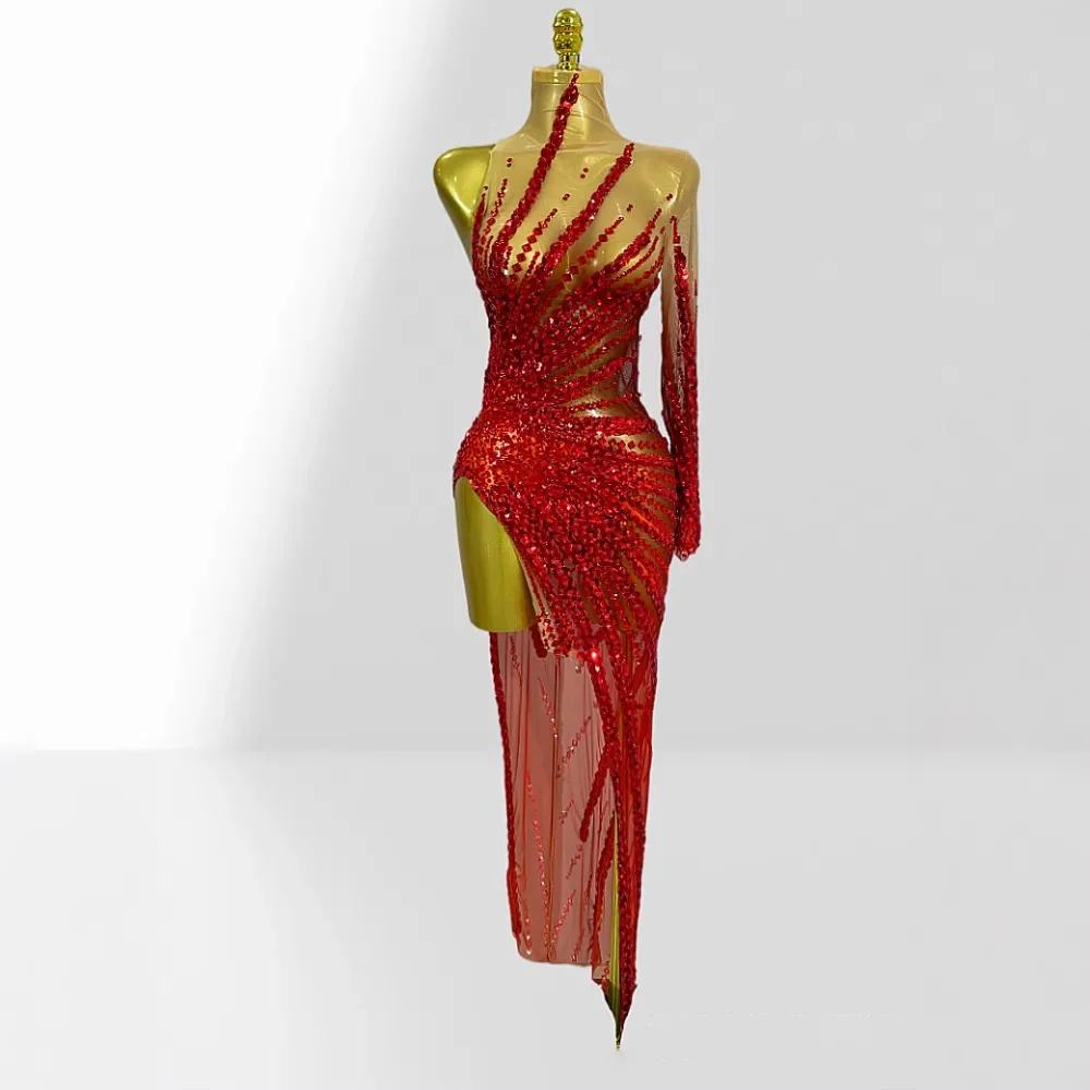Blue Rhinestones Sequines Mesh Sheer Dress One Shoulder Long Sleeve Asymmetric Hemline Luxury Stage Outfit Performance Costume
Blue Rhinestones Sequines Mesh Sheer Dress One Shoulder Long Sleeve Asymmetric Hemline Luxury Stage Outfit Performance Costume