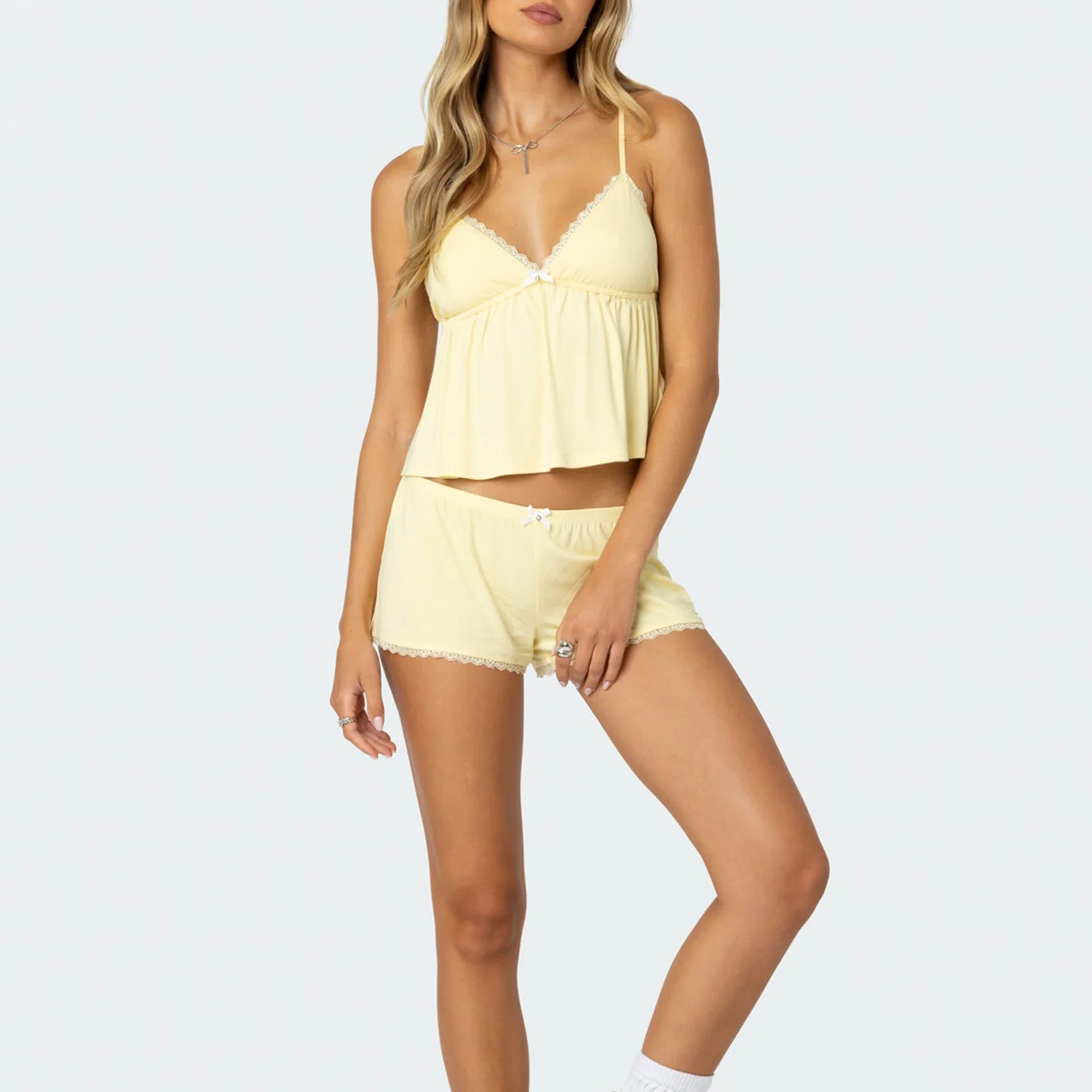 Women Summer 2Piece Lace Trim Loungewear Pajamas Set Sleeveless V Neck Backless Cami Tops + Elastic Low Waist Shorts
Women Summer 2Piece Lace Trim Loungewear Pajamas Set Sleeveless V Neck Backless Cami Tops + Elastic Low Waist Shorts