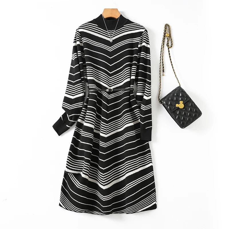 Retro Striped Women Knitted Sweater Dress Autumn New Fashion Style Elegant Belt Warm Dresses
Retro Striped Women Knitted Sweater Dress Autumn New Fashion Style Elegant Belt Warm Dresses
