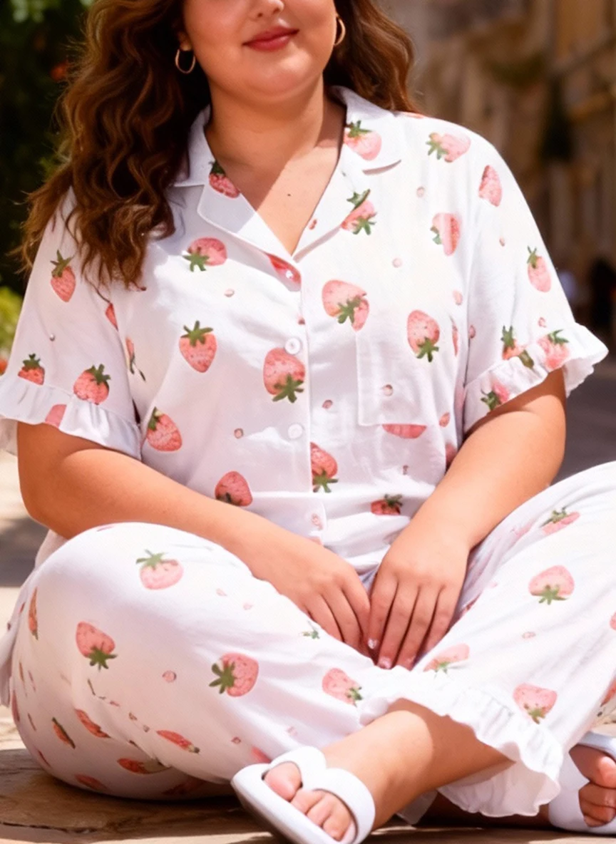 Женский домашний комплект больших размеров для весны и лета: милая рубашка с отложным воротником и принтом клубники и мягкие брюки, 2 предмета
Женский домашний комплект больших размеров для весны и лета: милая рубашка с отложным воротником и принтом клубники и мягкие брюки, 2 предмета