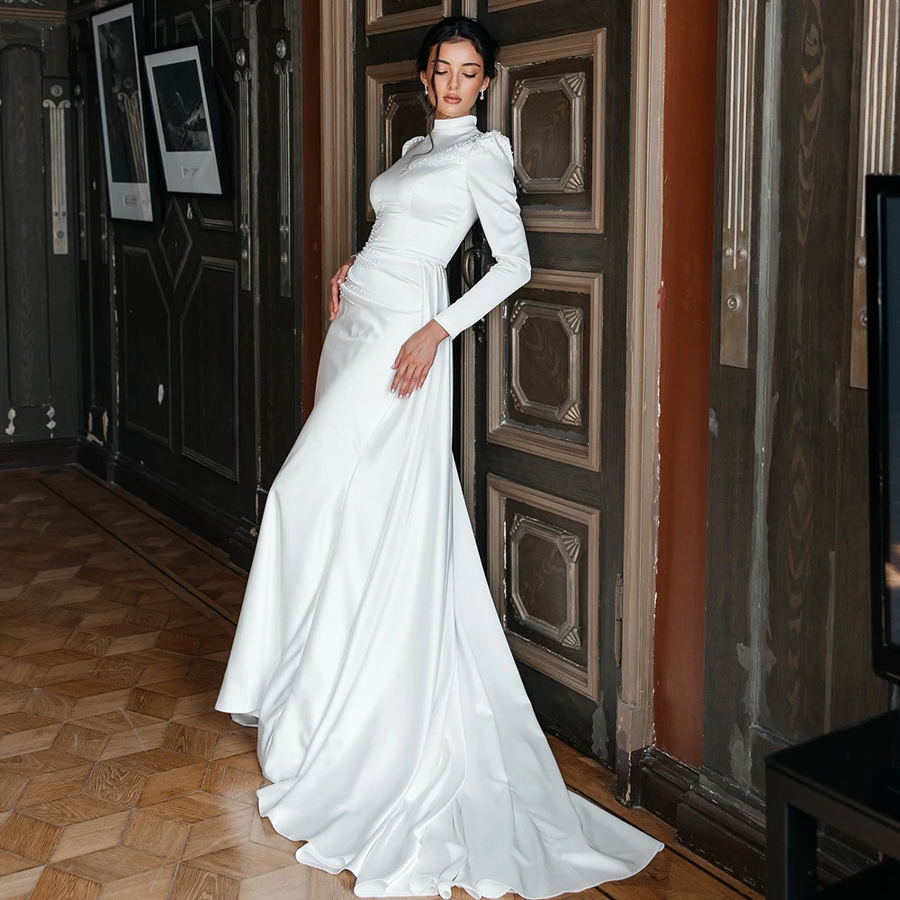 Customized High Neck White Floor Evening Dress Full Sleeves Watteau Train Pleat Party Dress A-line Floor Length Prom Gowns
Customized High Neck White Floor Evening Dress Full Sleeves Watteau Train Pleat Party Dress A-line Floor Length Prom Gowns