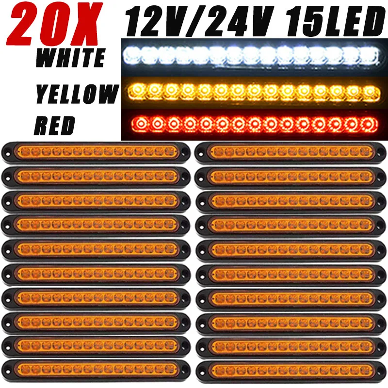 20X универсальная автомобильная световая полоса 15LED для автомобиля, грузовика, внедорожника, 12 В, 24 В, сигнал стоп-сигнала, боковой габаритный сигнал поворота, детали и аксессуары
20X универсальная автомобильная световая полоса 15LED для автомобиля, грузовика, внедорожника, 12 В, 24 В, сигнал стоп-сигнала, боковой габаритный сигнал поворота, детали и аксессуары