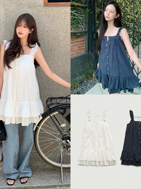 Korean Style Square Collar Dress with Flying Sleeves Double Layered Lace Trim A-Line Skirt Cotton Summer New Arrival
Korean Style Square Collar Dress with Flying Sleeves Double Layered Lace Trim A-Line Skirt Cotton Summer New Arrival