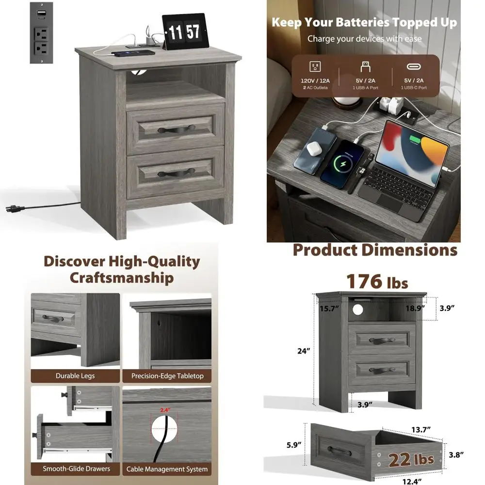 18.9" dual drawer nightstand with usb charging ports and ac outlets
18.9" dual drawer nightstand with usb charging ports and ac outlets
