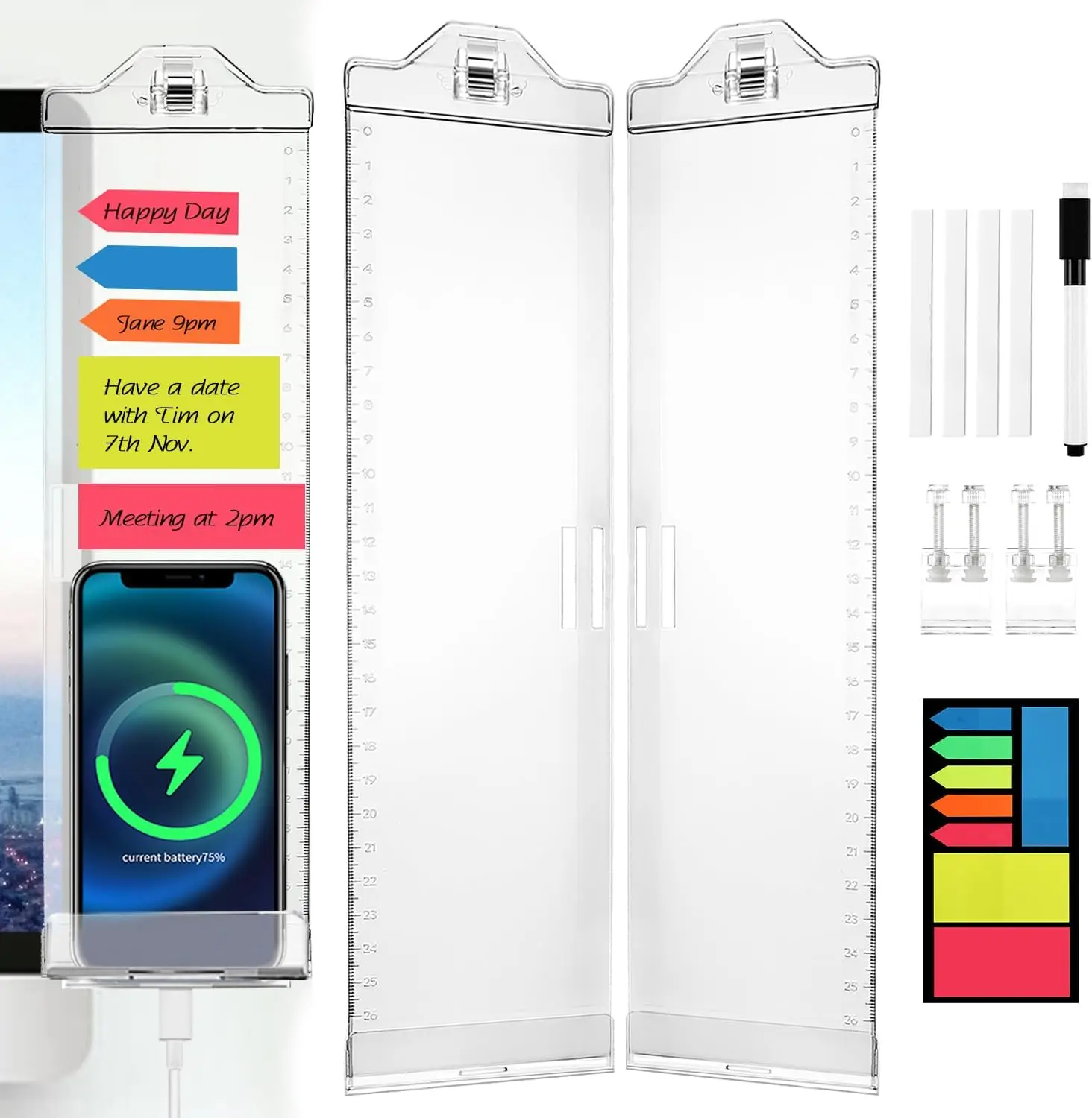 Transparent Acrylic Monitor Memo Board 2 Pack, Side Panel with Phone Holder, Pen & Sticky Notes, for Computer Screen
Transparent Acrylic Monitor Memo Board 2 Pack, Side Panel with Phone Holder, Pen & Sticky Notes, for Computer Screen