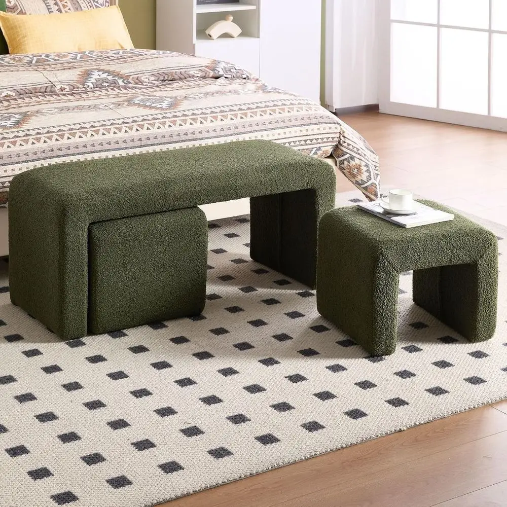 Green 40.5 Wide Upholstered End of Bed Bench Set with 2 Small Sherpa Stools for Entryway or Living Room
Green 40.5 Wide Upholstered End of Bed Bench Set with 2 Small Sherpa Stools for Entryway or Living Room